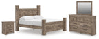 Light brown rustic bedroom set: bed, nightstand, dresser with mirror