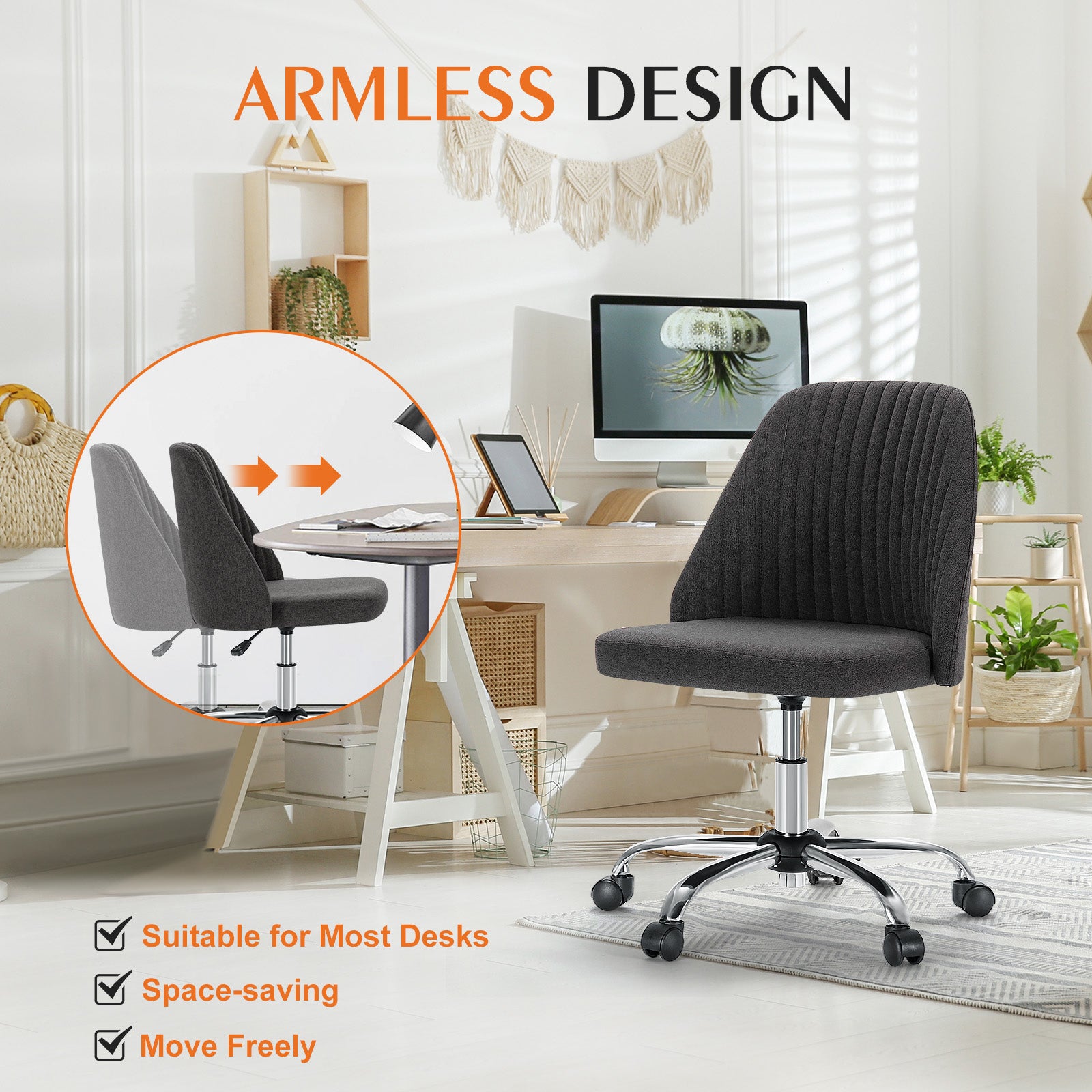 Armless Office Desk Chair - Adjustable Swivel Task Chair