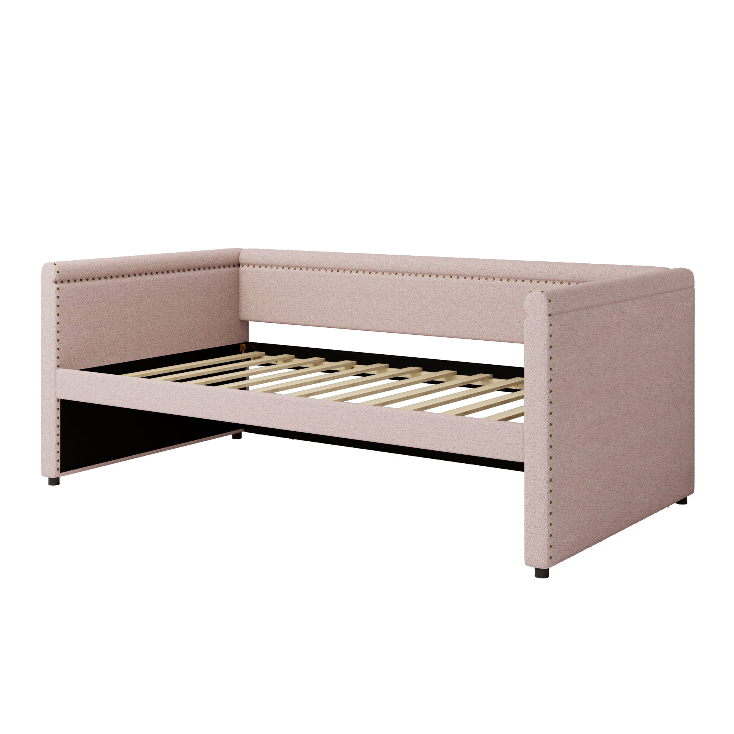 Modern Pink Twin Upholstered Daybed with Trundle, Linen Fabric