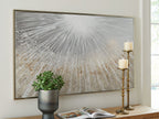Framed wall art with radiating gray, taupe, and white paint pattern in horizontal frame