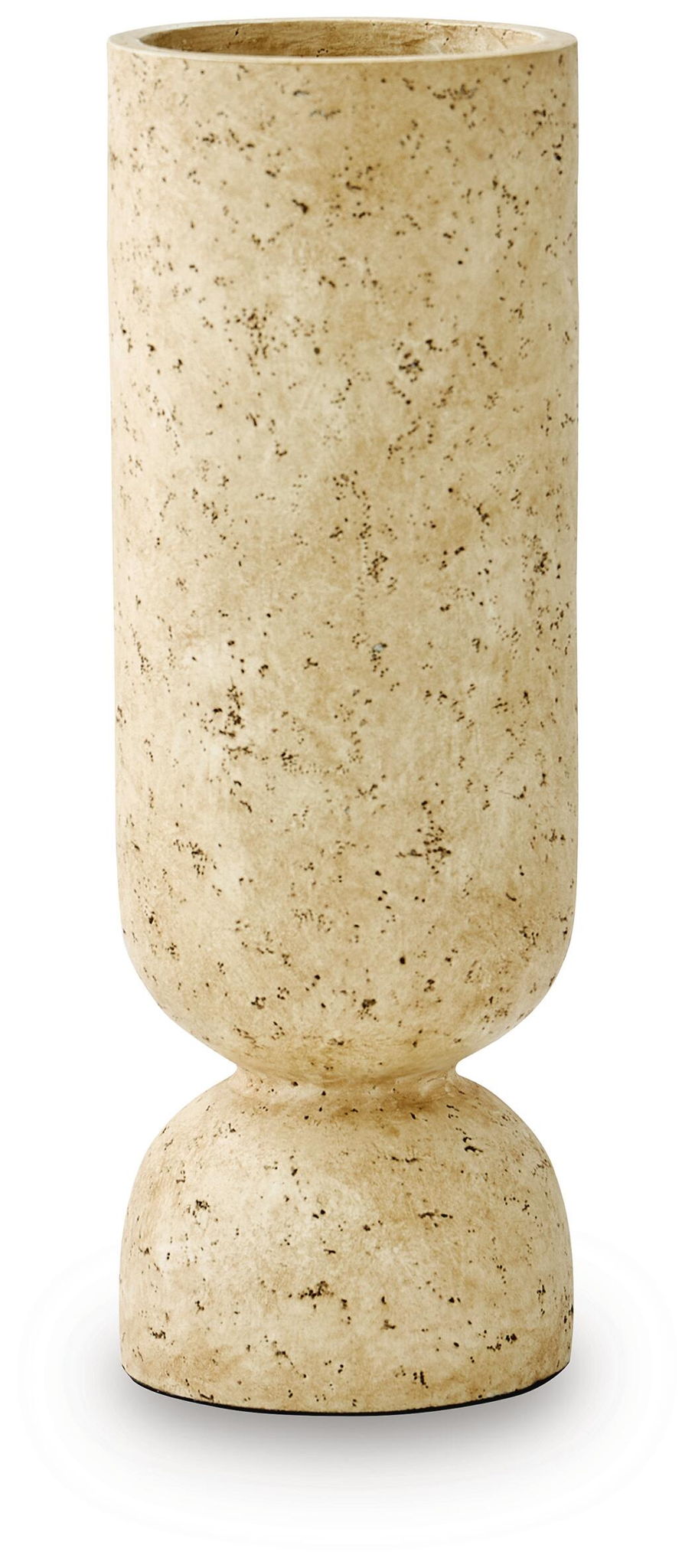 Beige speckled textured vase with flared mouth and rounded pedestal base