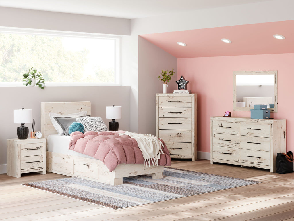 Bedroom storage set with bed, dresser, mirror, and nightstand drawers in light wood