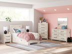 Bedroom storage set with bed, dresser, mirror, and nightstand drawers in light wood