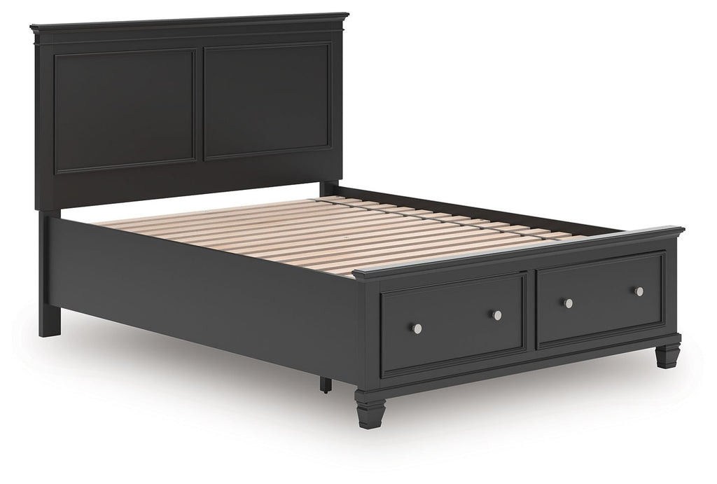 Black panel bed with a twin-size slat base and two front drawers in dark finish.
