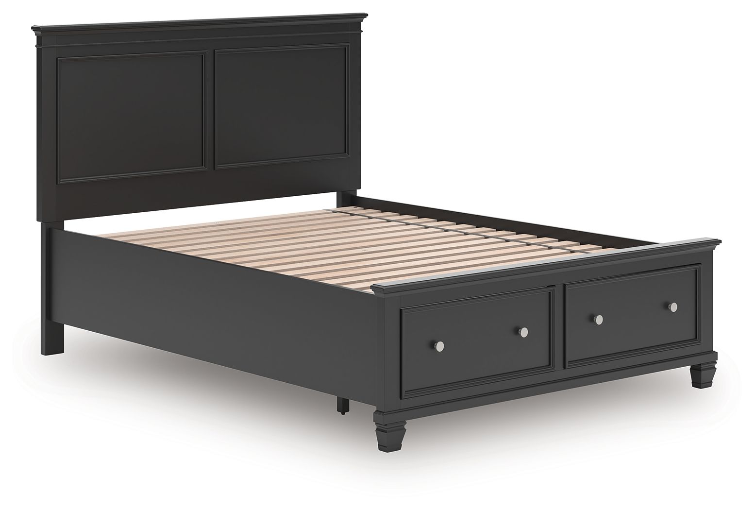 Black panel bed with a twin-size slat base and two front drawers in dark finish.