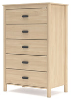 Tan five-drawer chest with five drawers and dark bar pulls.