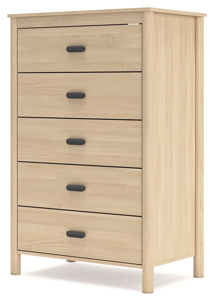 Tan five-drawer chest with five drawers and dark bar pulls.