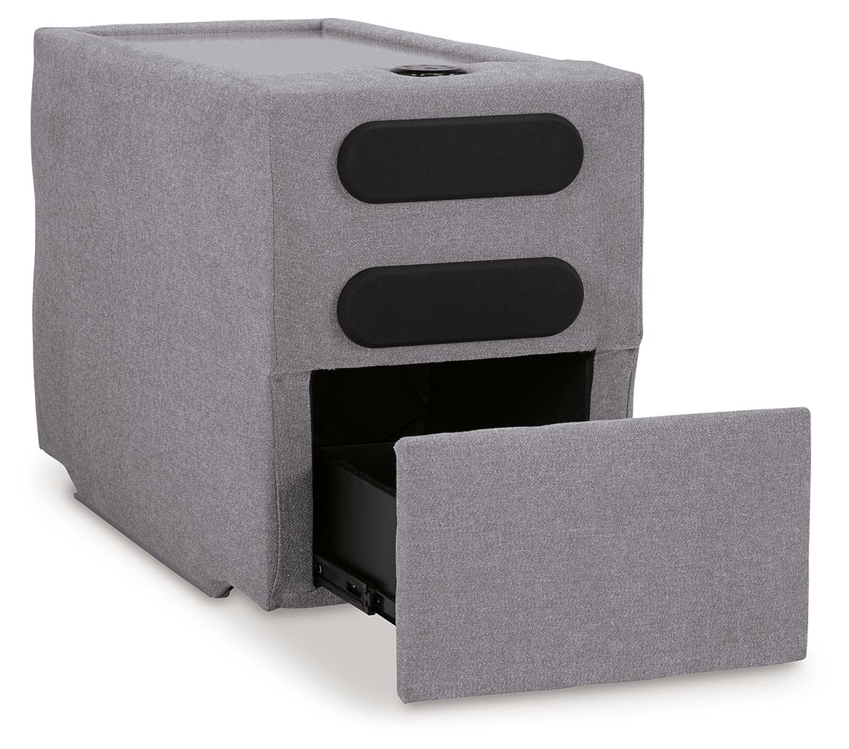 Gray upholstered console with two black openings and open front storage compartment