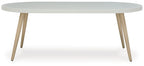 White oval dining table with tapered legs and side profile