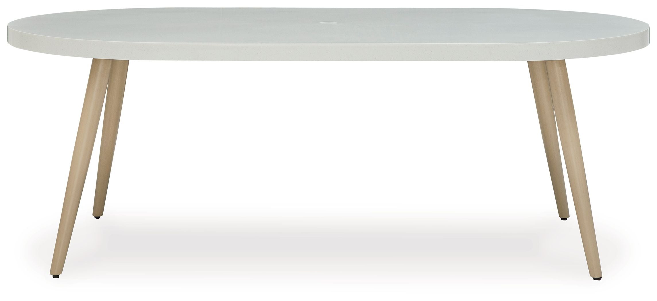 White oval dining table with tapered legs and side profile