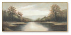 Framed river landscape wall art with trees and pale sky in soft pastel tones
