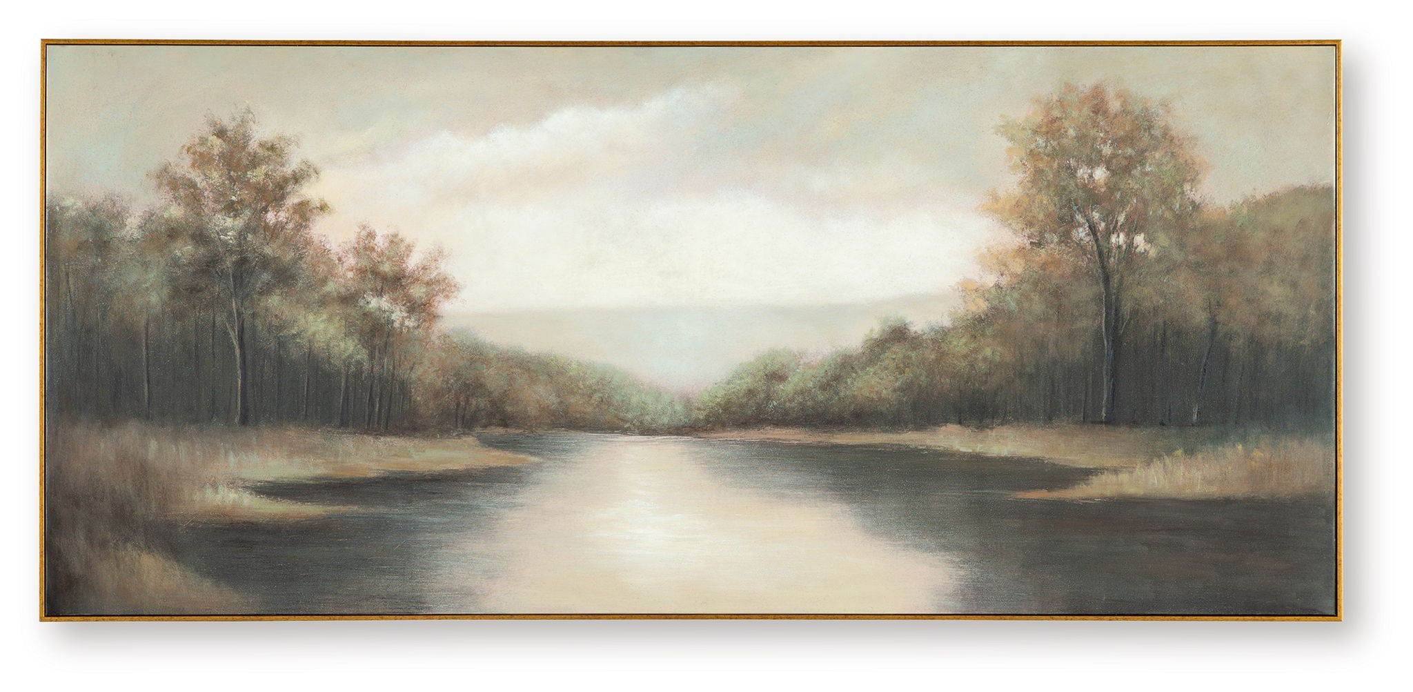 Framed river landscape wall art with trees and pale sky in soft pastel tones