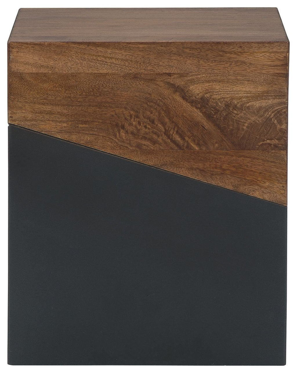 Brown wood accent table with gunmetal gray front panel and angled sides