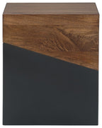 Brown wood accent table with gunmetal gray front panel and angled sides