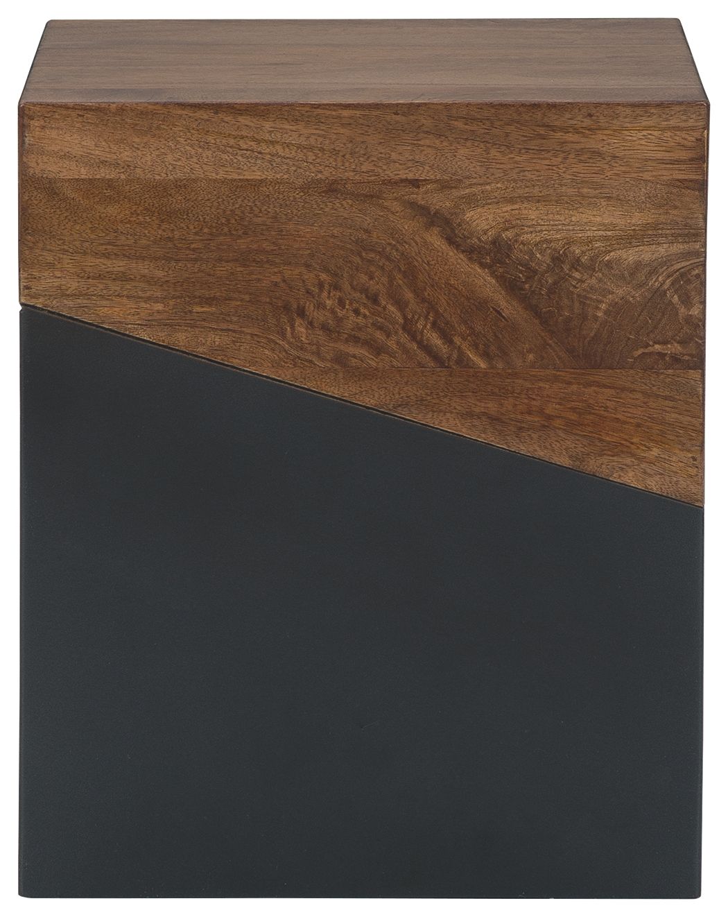 Brown wood accent table with gunmetal gray front panel and angled sides