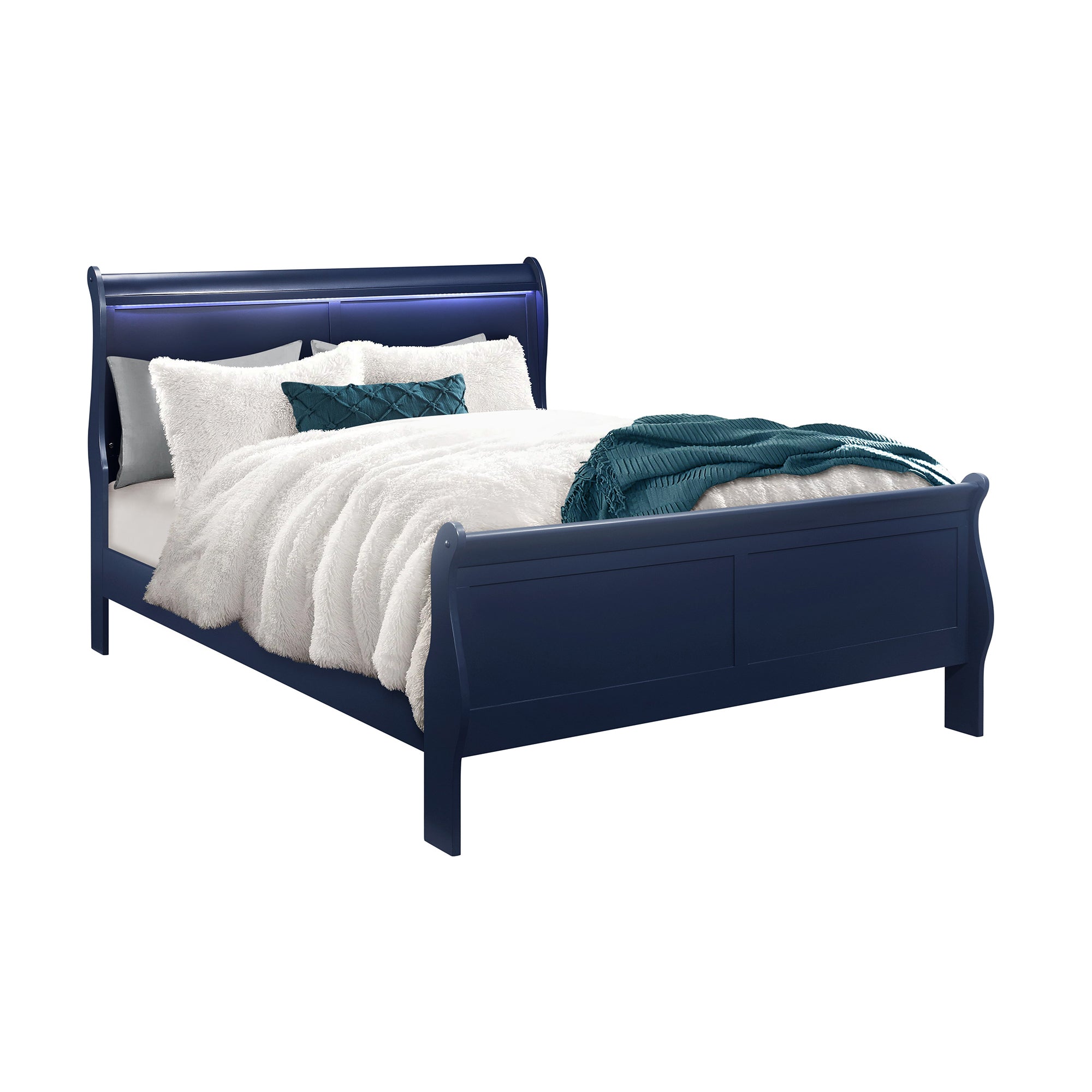 Charleston Sleigh Queen Bed with Blue LED Headboard, Wood