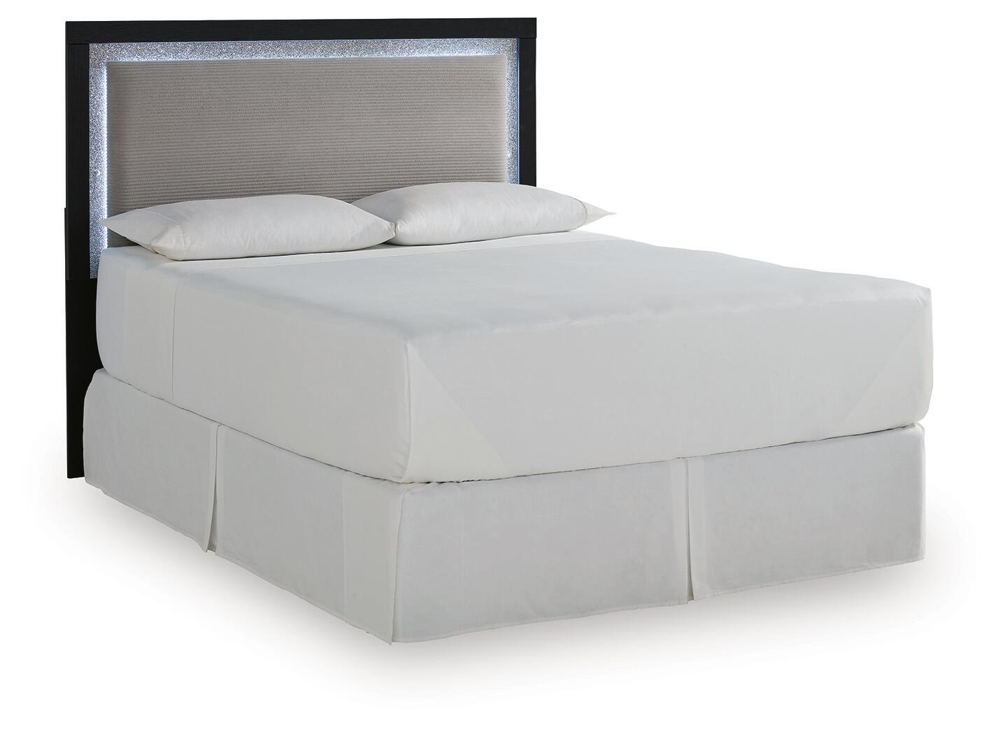 Light gray upholstered panel headboard with dark side frame and textured center panel.