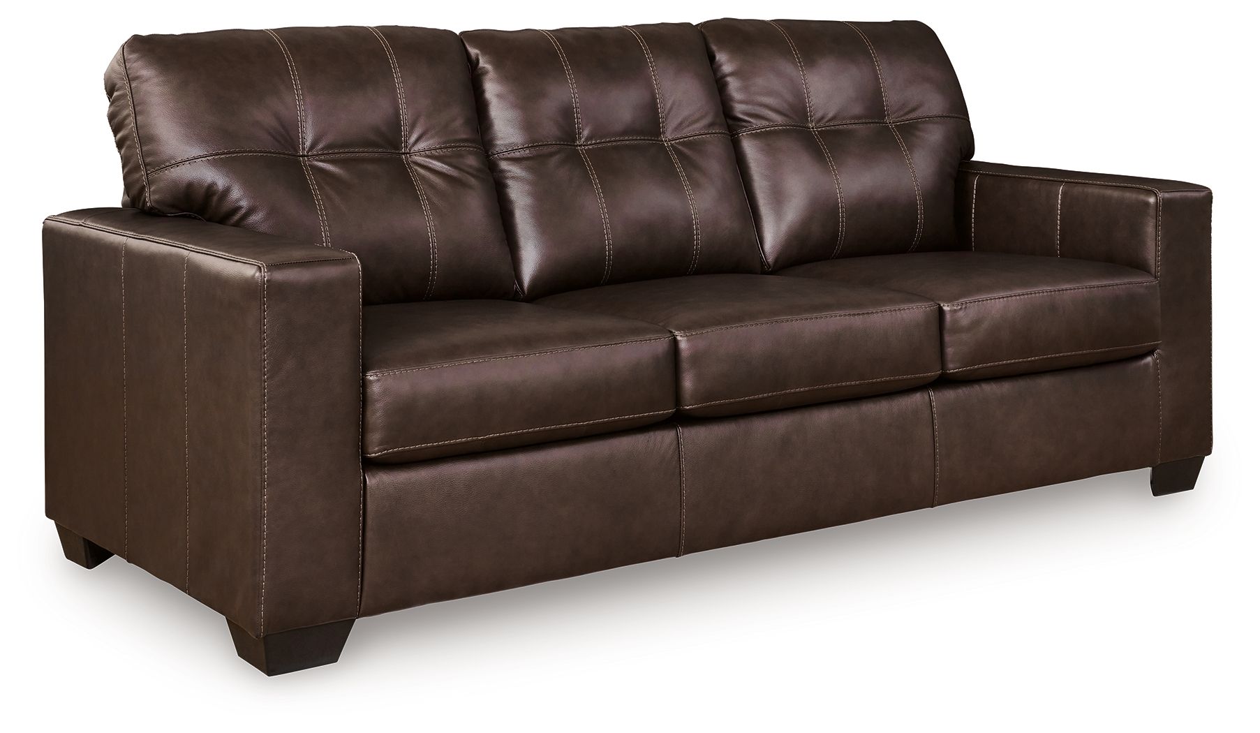 Dark brown leather sofa with tufted back and button-style stitching, track arms