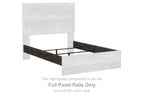 Gray full panel bed rails set with headboard panel and side rails, dark wood trim