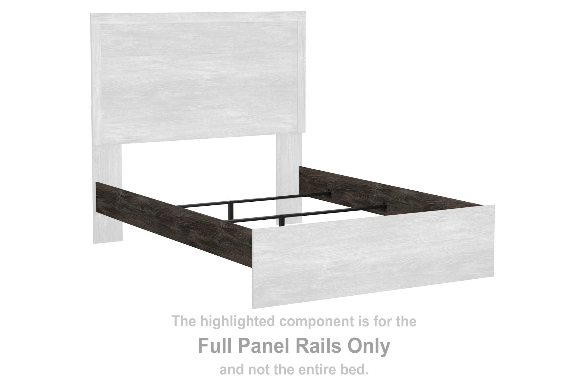 Gray full panel bed rails set with headboard panel and side rails, dark wood trim