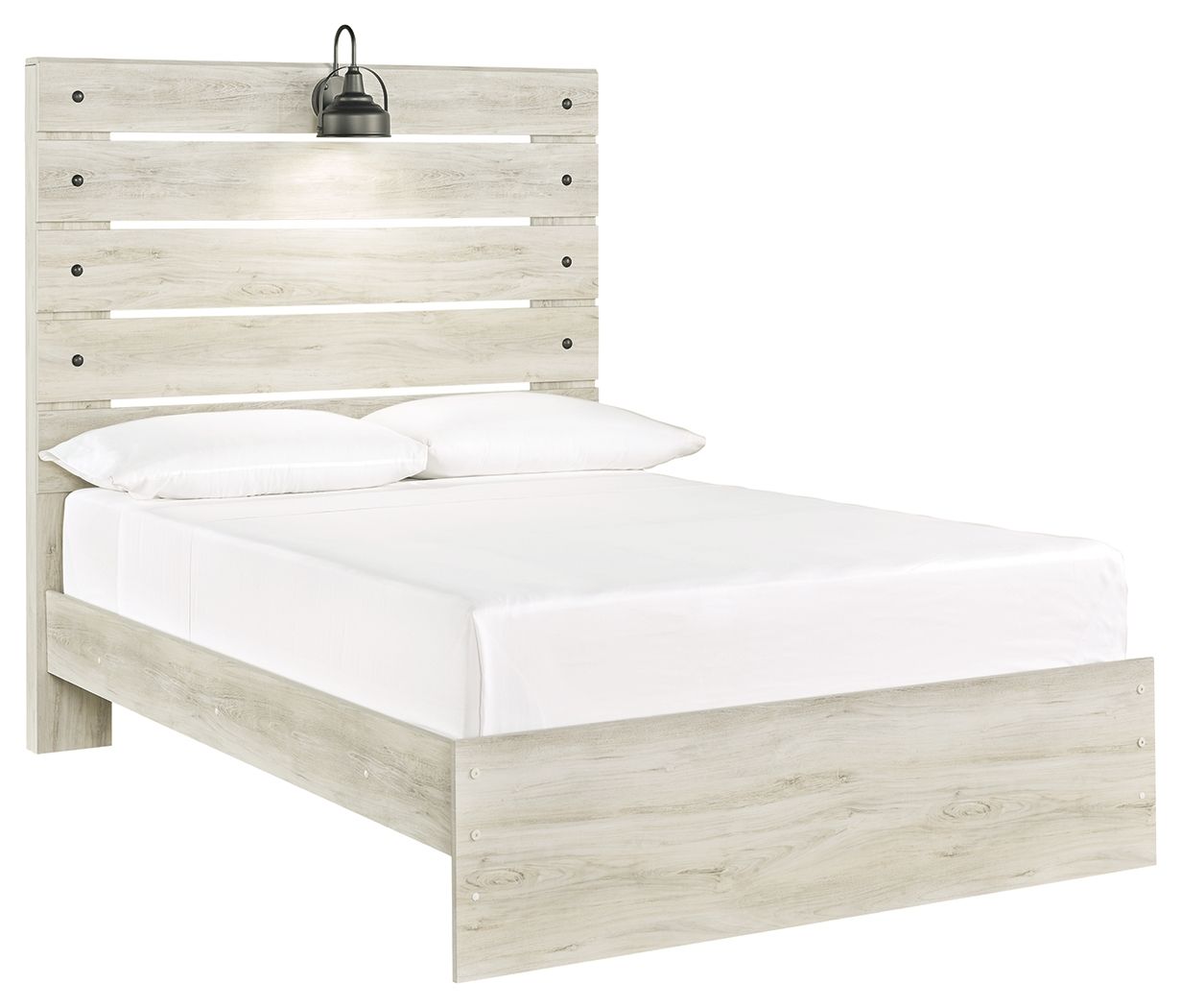 Panel bed with beige light-wood frame and white mattress, headboard with mounting details.