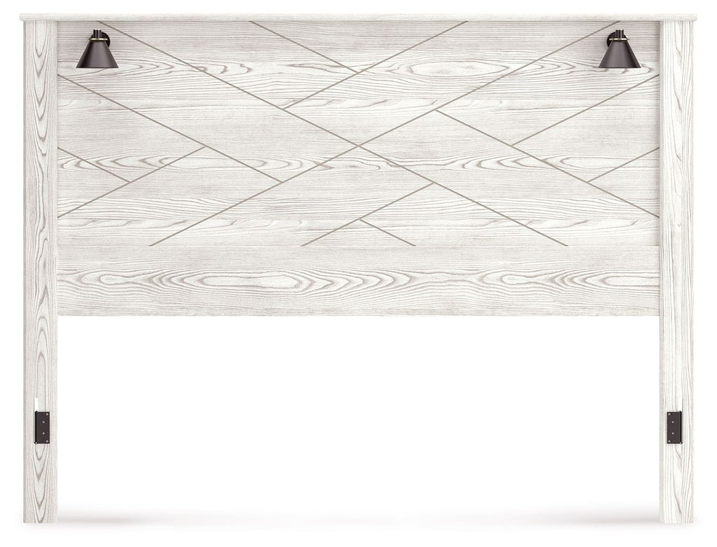 White king panel headboard with geometric wood-grain design and corner posts