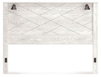 White king panel headboard with geometric wood-grain design and corner posts