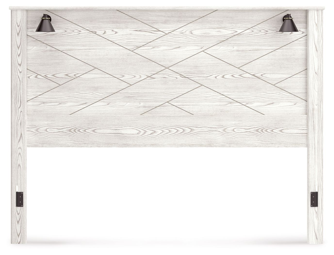 White king panel headboard with geometric wood-grain design and corner posts