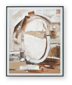 Framed abstract wall art with brown and white circular brushstrokes