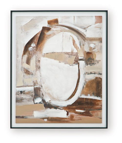 Framed abstract wall art with brown and white circular brushstrokes