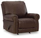 Dark brown leather-look rocker recliner with studded armrests and padded headrest