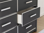 Six-drawer dresser drawer fronts with silver bar pulls and dark drawer surfaces.