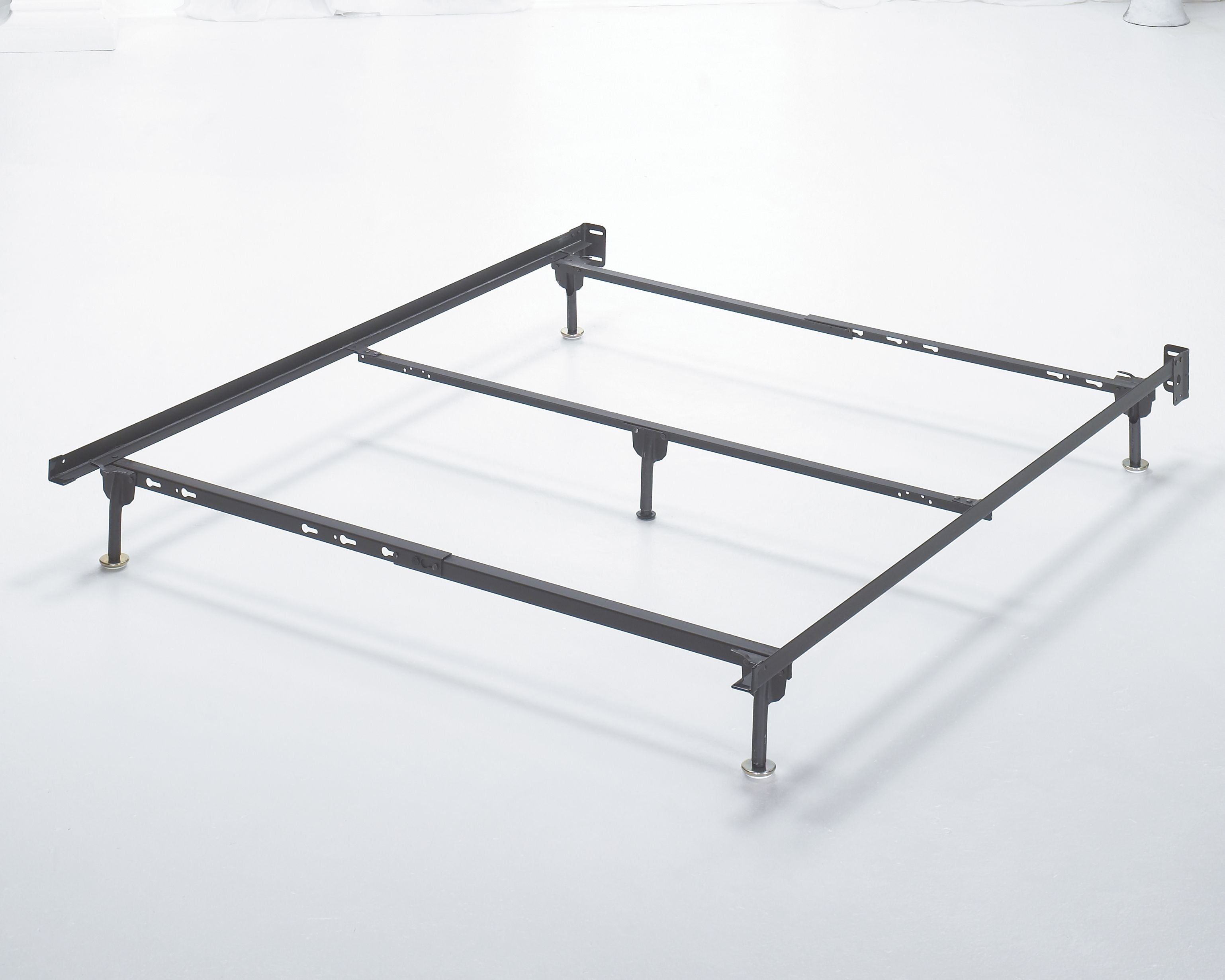 Black bolt-on metal bed frame base with support legs