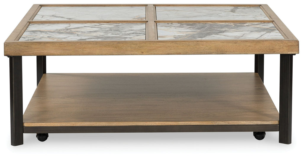 Square cocktail table, marble-look tiled top, wood lower shelf and casters on dark legs