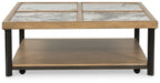 Square cocktail table, marble-look tiled top, wood lower shelf and casters on dark legs