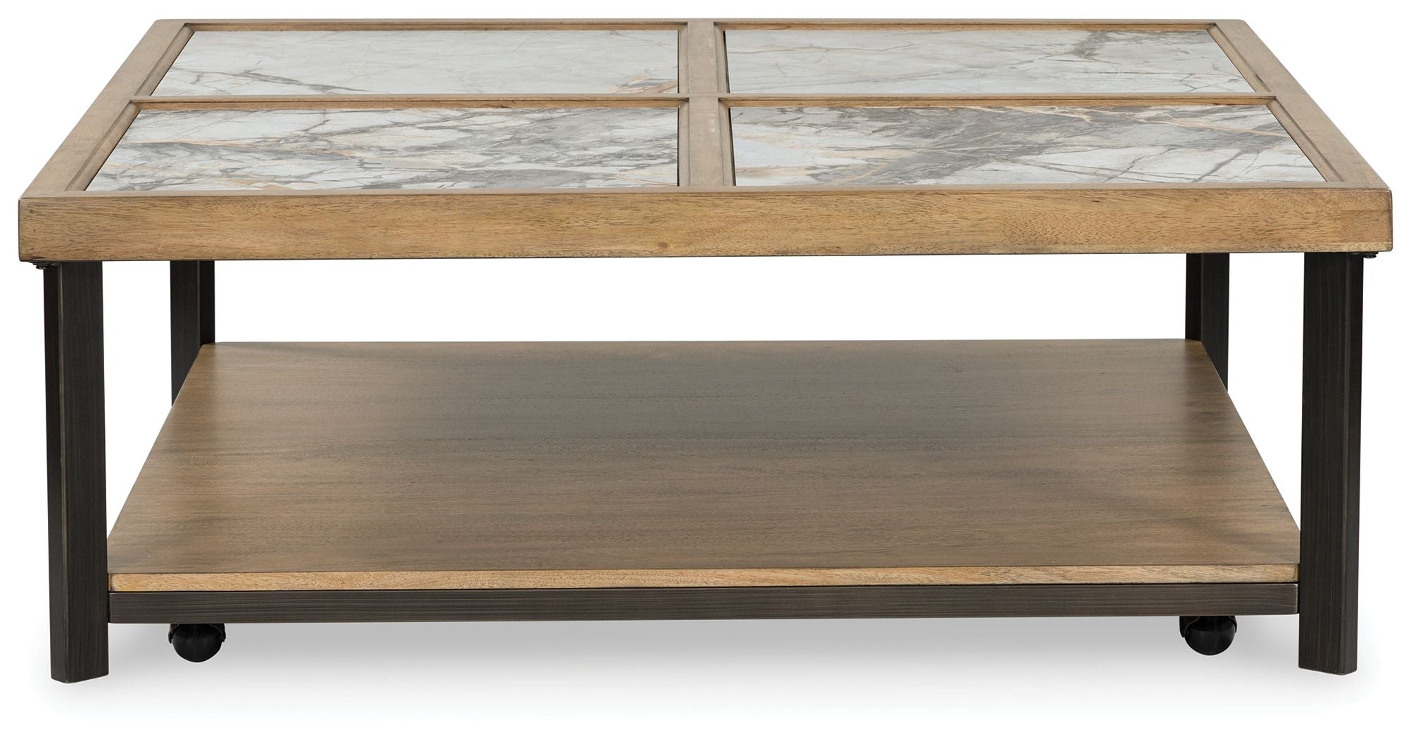 Square cocktail table, marble-look tiled top, wood lower shelf and casters on dark legs