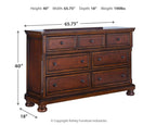Porter rustic brown dresser with drawer fronts, arched legs, size diagram overlay
