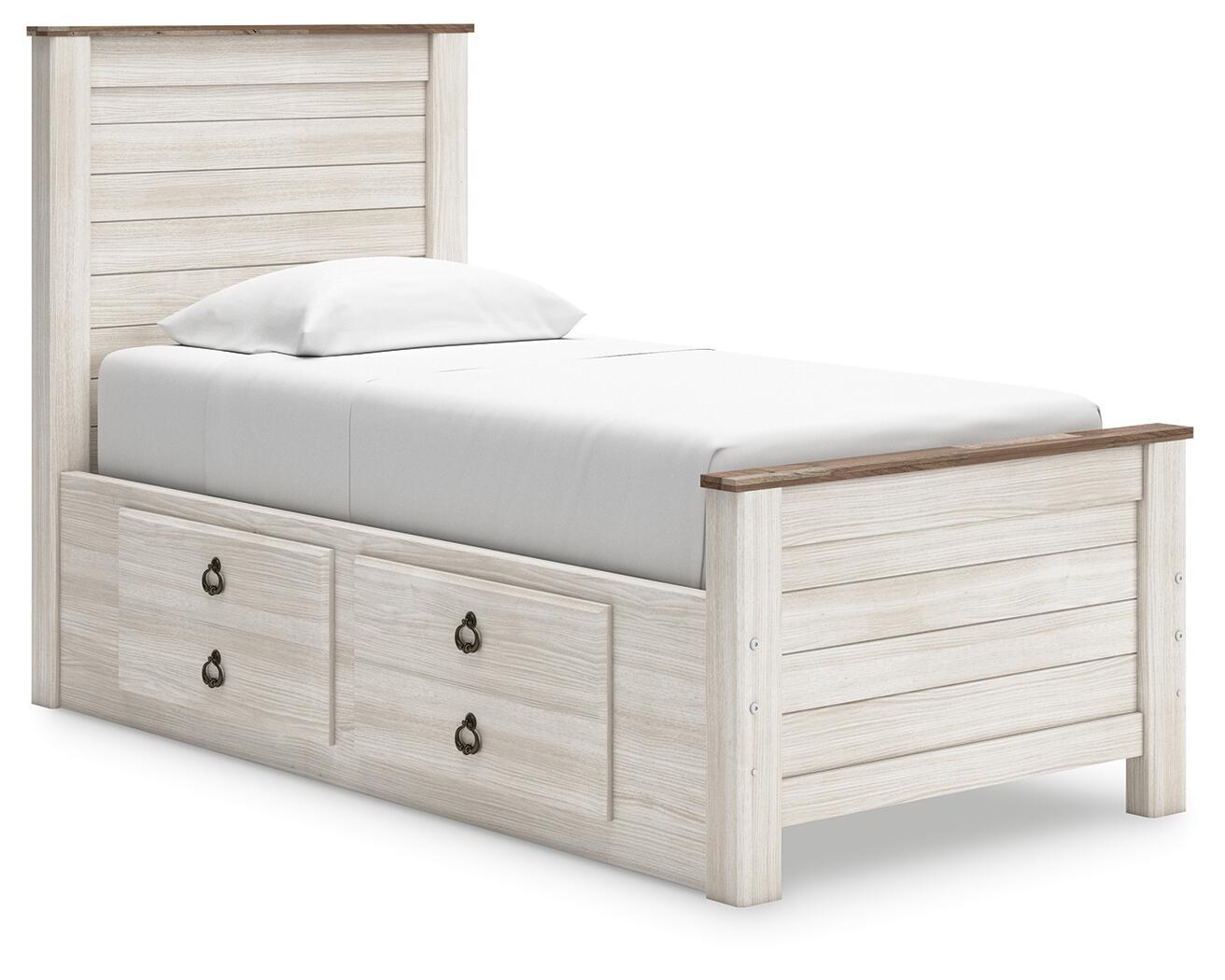 Beige panel bed with two front drawers and slatted headboard, shown with white bedding