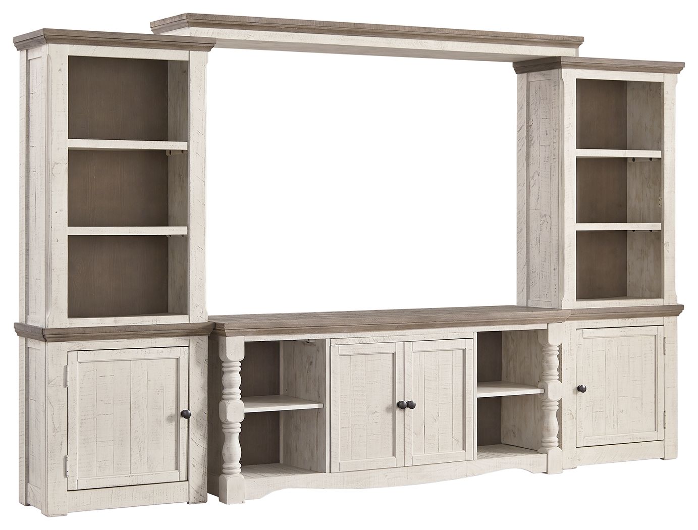 Entertainment center TV stand with open shelves, cabinet doors, whitewashed wood