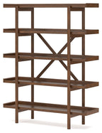 Brown wooden bookcase with open shelves and X cross-braces