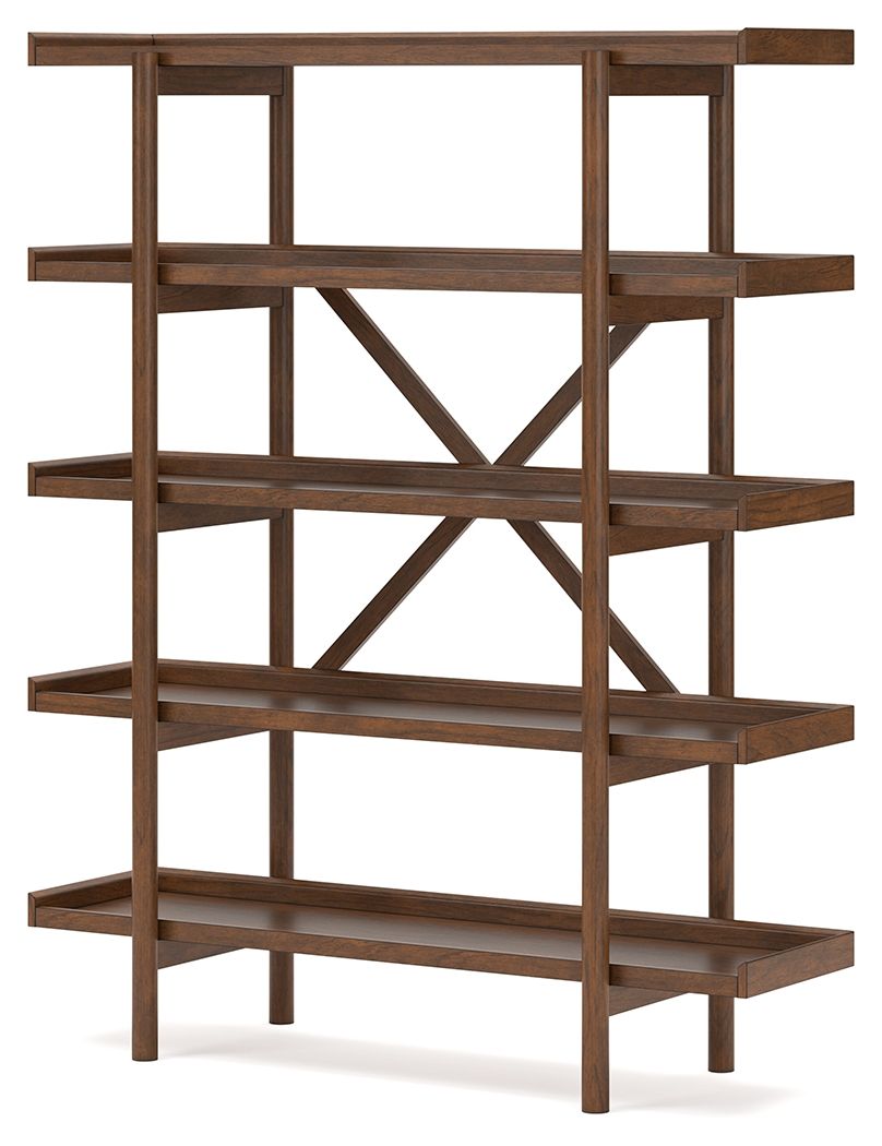 Brown wooden bookcase with open shelves and X cross-braces