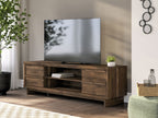 Dark brown wood TV stand with open shelving and drawer storage under TV