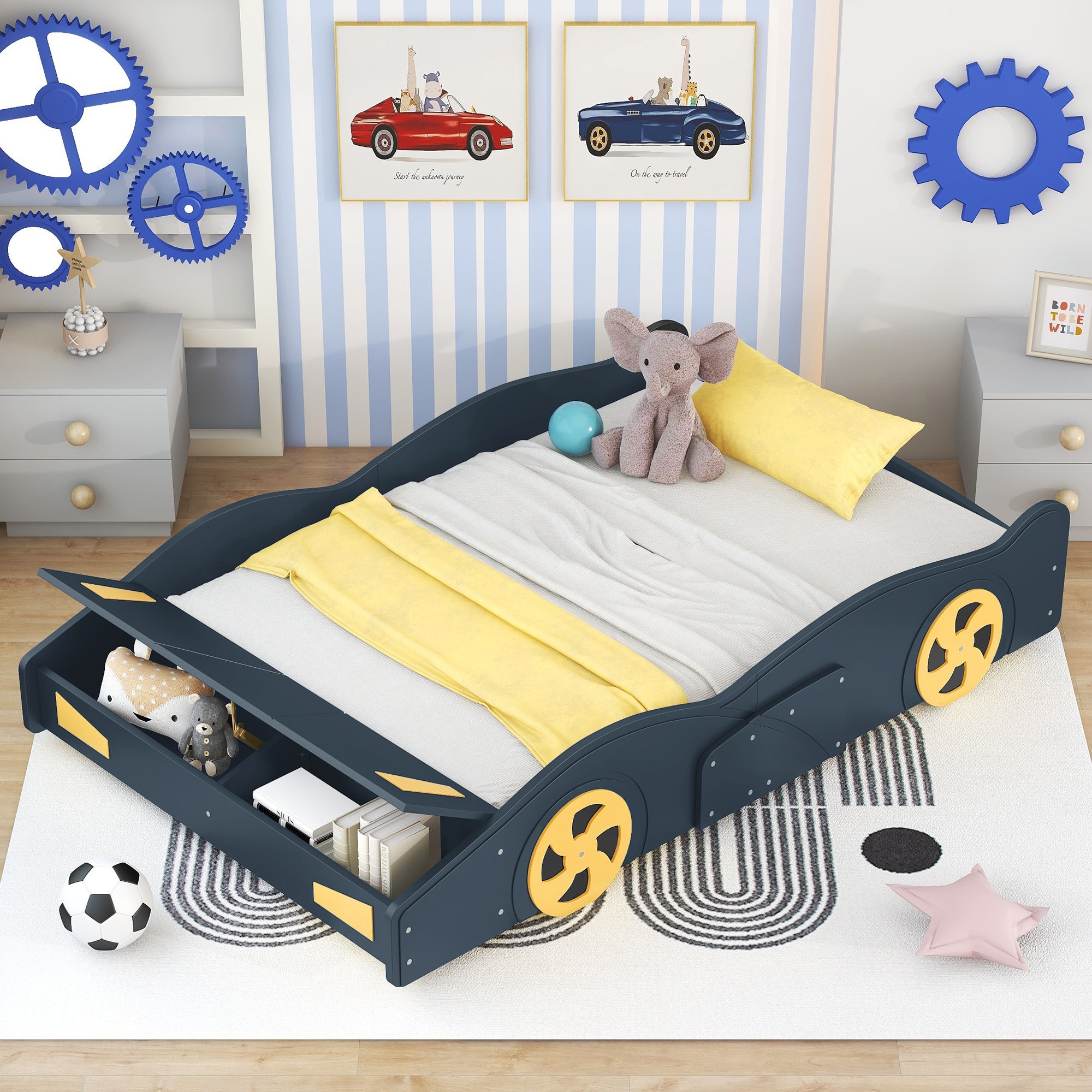 Full Size Race Car Bed: Storage, Wheels, Dark Blue & Yellow