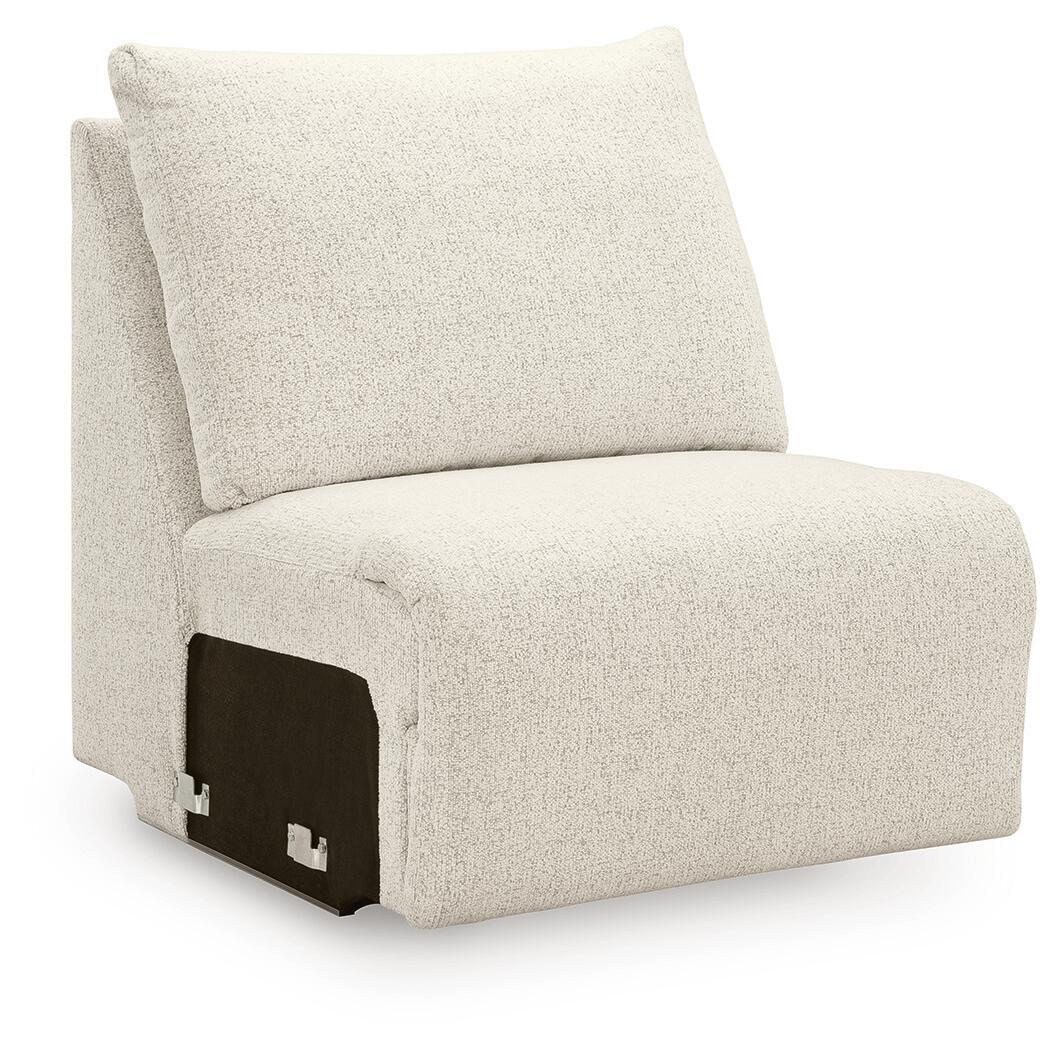 Beige armless chair with square back, boxy seat, and upholstered fabric