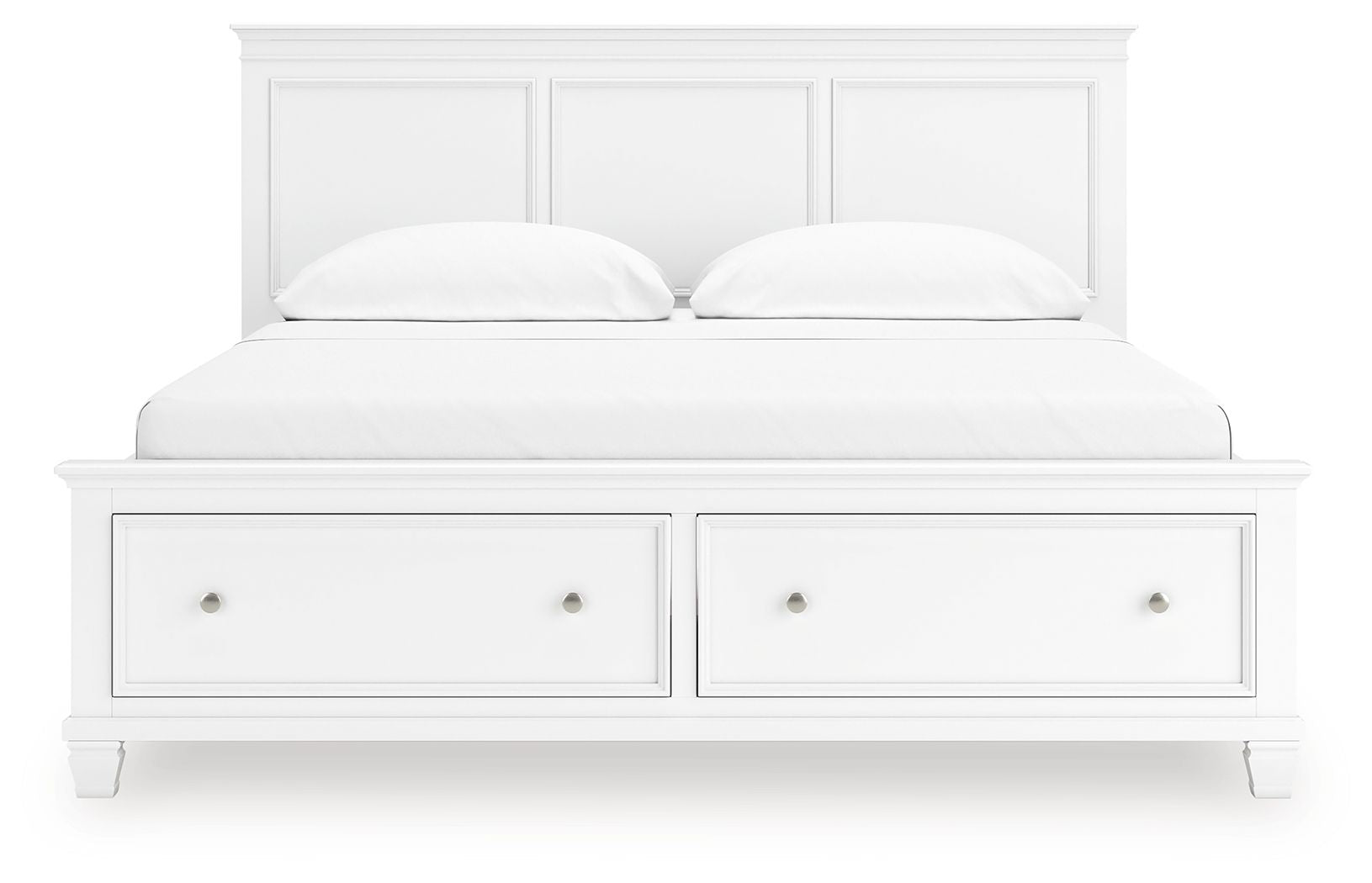 White panel bed with two front drawers and two upholstered pillows on the headboard