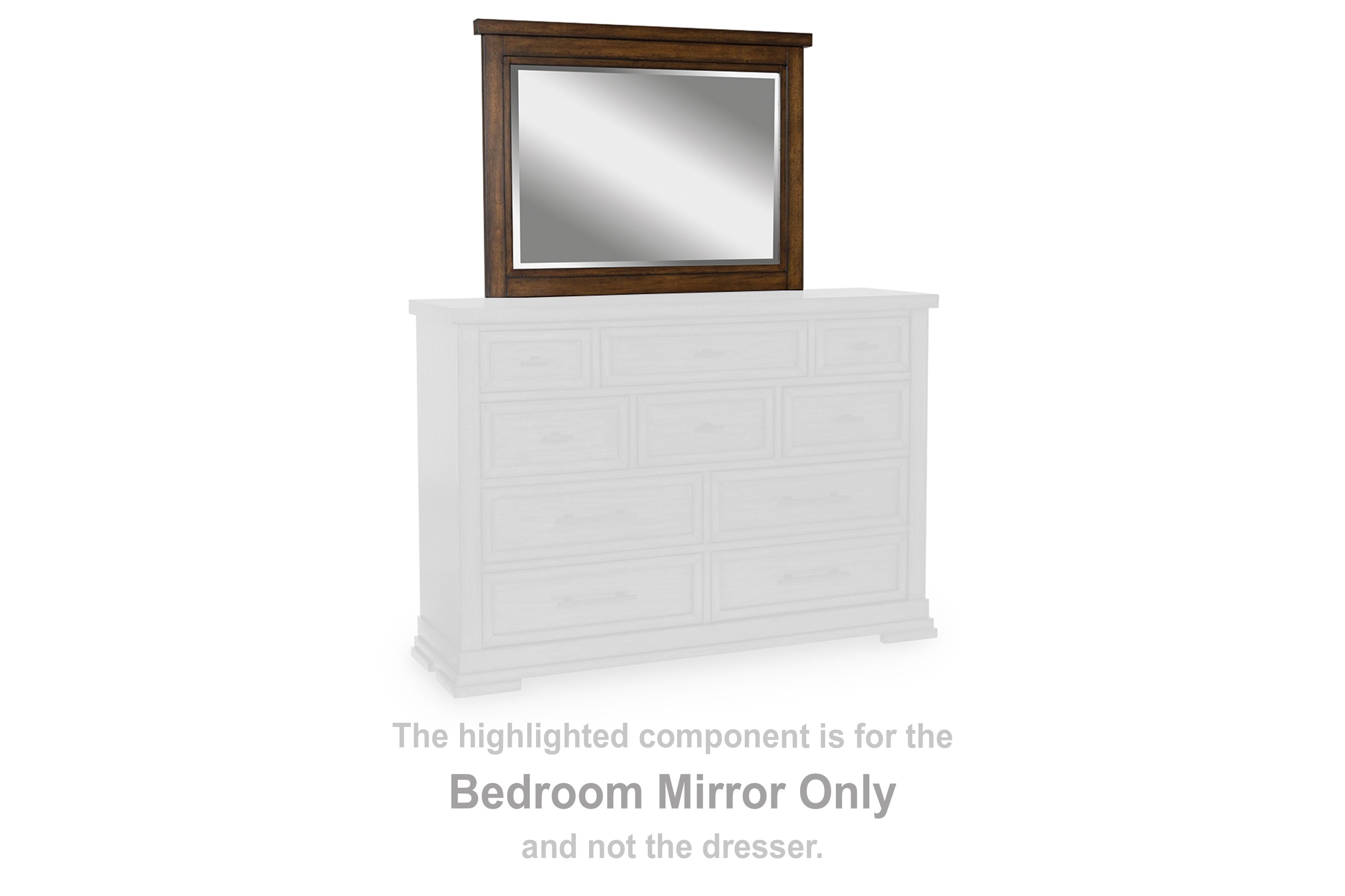 Small medium brown framed mirror with rectangular reflective glass