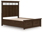 Dark brown storage bed with open-frame panel headboard and mattress on slatted base