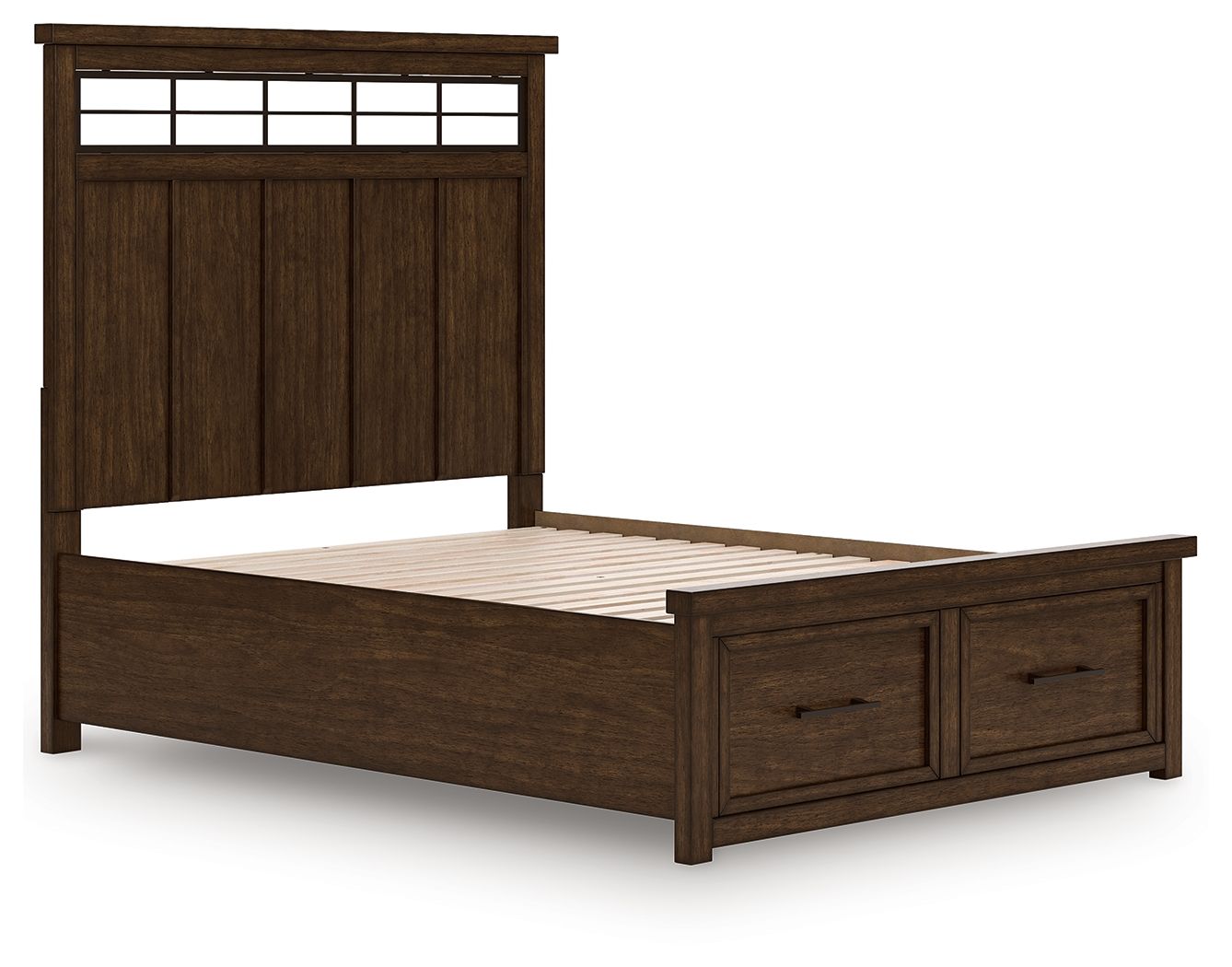 Dark brown storage bed with open-frame panel headboard and mattress on slatted base