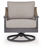 Gray swivel lounge chair with cushion, upright back, round swivel base