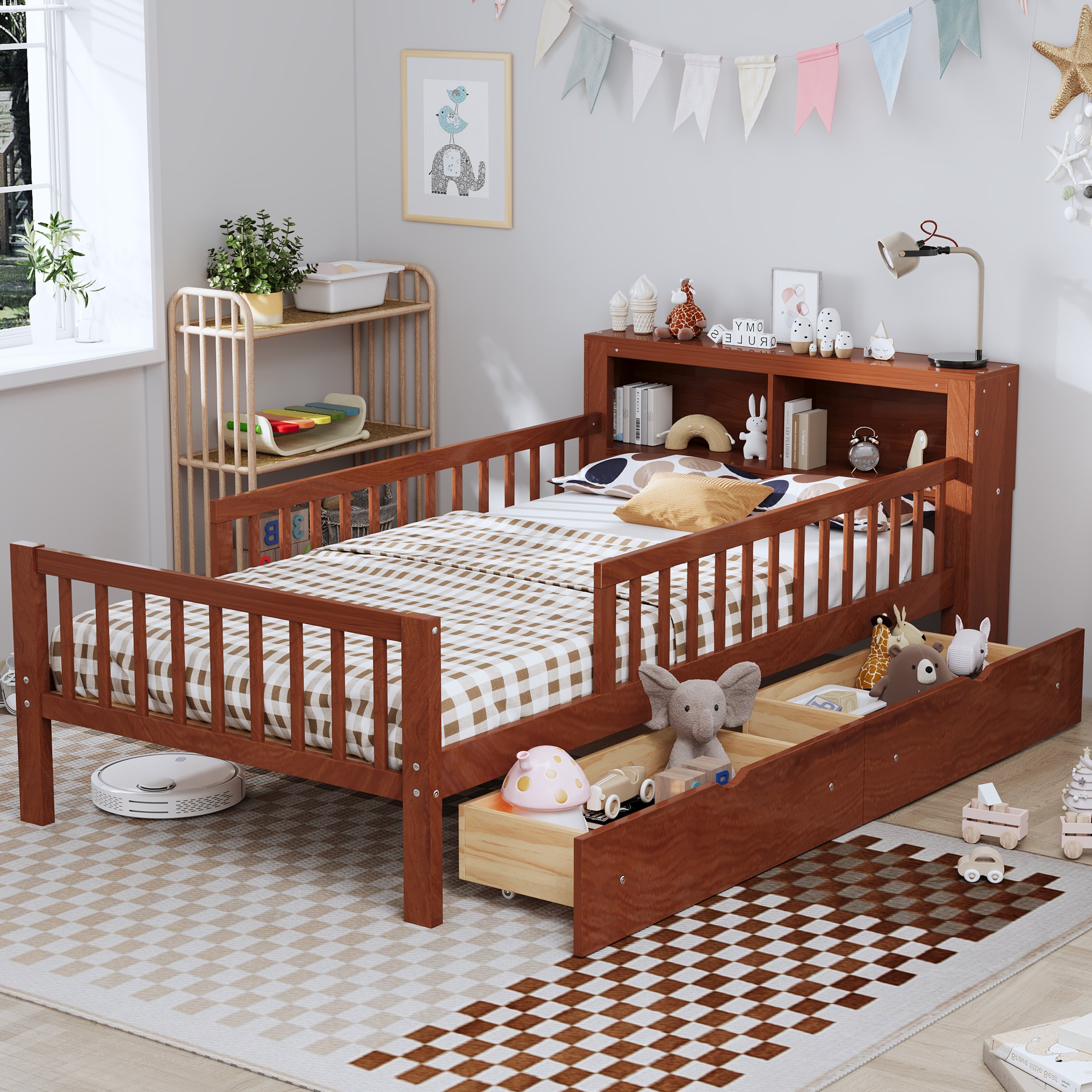 Twin Bed w/ Storage, Guardrails & Walnut Finish